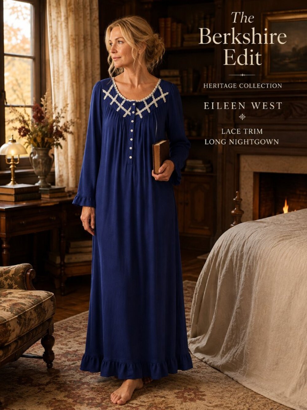 Eileen West Navy Blue Lace Long Nightgown Size S Ruffle Cottagecore Sleepwear